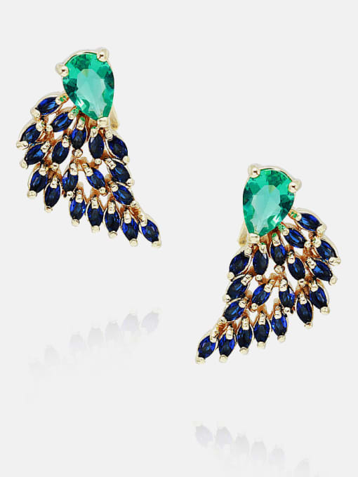 Gold Blue Purple Brass Cubic Zirconia Leaf Luxury Stud Earring