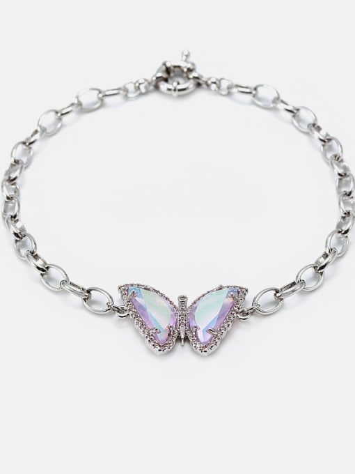 Platinum Pink Brass Glass Stone Butterfly Cute Link Bracelet