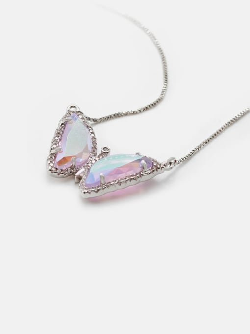 Platinum Pink Brass Glass Stone Butterfly Minimalist Necklace