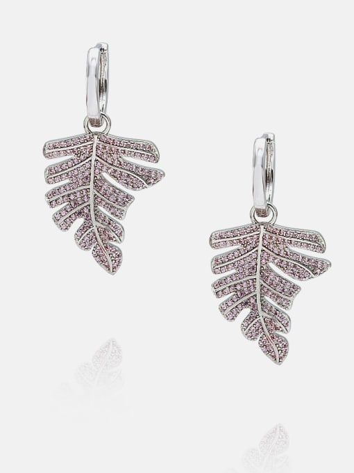 Platinum Pink Brass Cubic Zirconia Leaf Ethnic Drop Earring