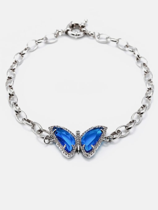 Platinum blue Brass Glass Stone Butterfly Cute Link Bracelet