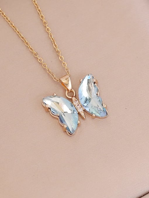 Light blue gold Titanium Steel Cubic Zirconia Butterfly Dainty Necklace
