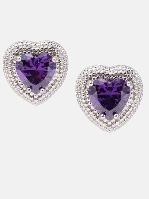 Platinum purple Brass Cubic Zirconia Heart Minimalist Stud Earring