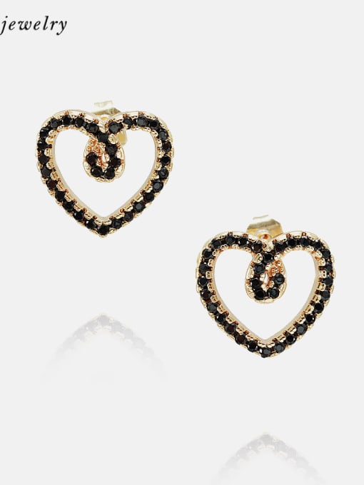 Gold Black pick Brass Cubic Zirconia Heart Minimalist Stud Earring