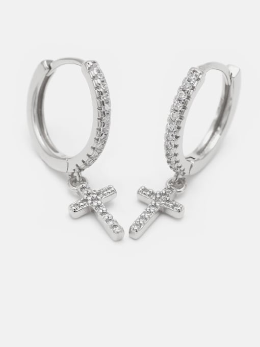 Platinum white zirconium Brass Cubic Zirconia Cross Ethnic Huggie Earring