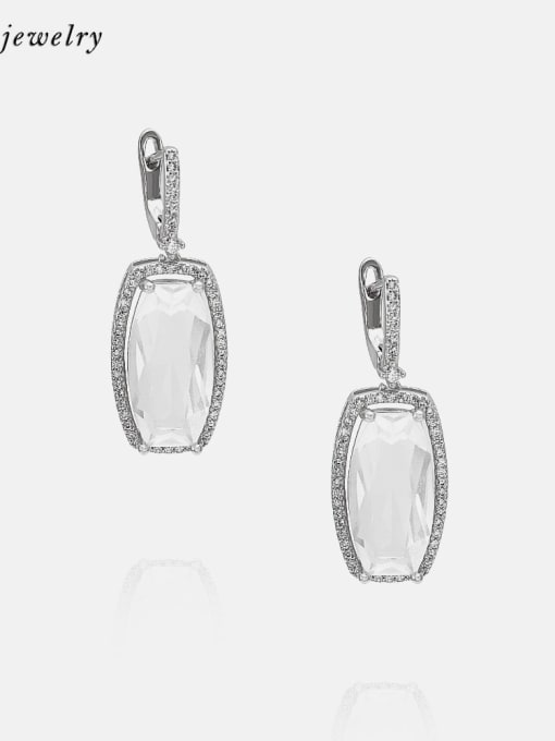 Platinum White Brass Glass Stone Geometric Minimalist Huggie Earring