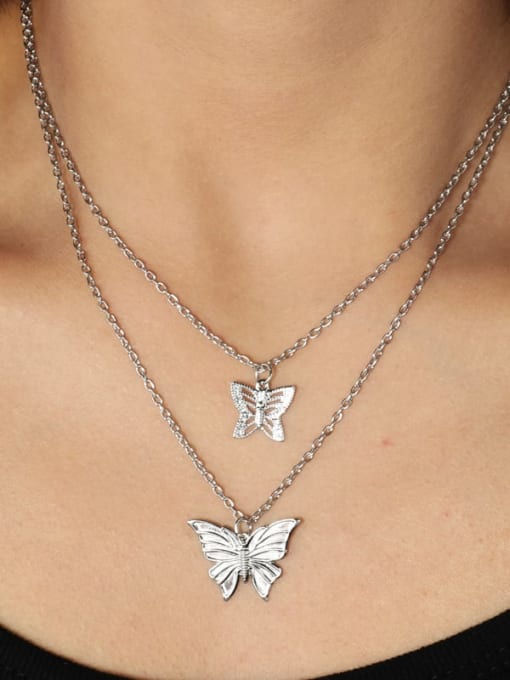 White Gold Plated Alloy Butterfly Artisan Multi Strand Necklace
