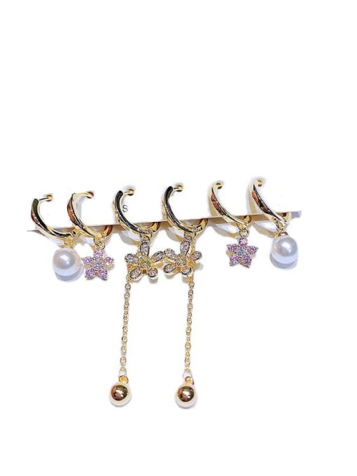 Ming Brass Cubic Zirconia Flower Tassel  Cute Huggie Earring Set 2