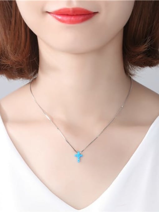 LM 925 Sterling Silver Synthetic Opal Cross Initials Necklace 1