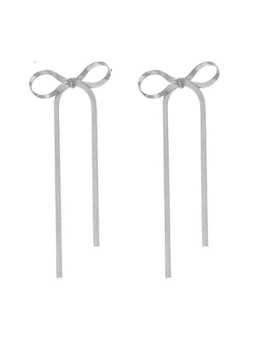 03 White K R3107 Alloy Bowknot Tassel Minimalist Threader Earring
