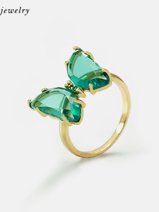 Golden light green Brass Glass Stone Butterfly Minimalist Band Ring