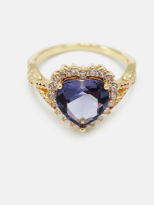 Gold  purple glass Brass Cubic Zirconia Heart Minimalist Band Ring