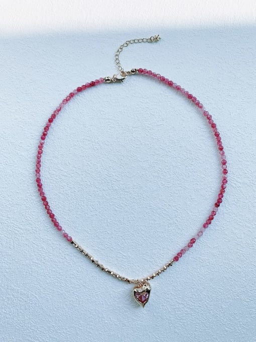 rose red N-STPD-0004 Natural  Gemstone Crystal  Multi Color Bead Chain Heart Pendant Handmade Beaded Necklace