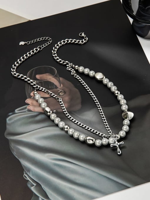 Steel color Titanium Steel Imitation Pearl Geometric Necklace For men