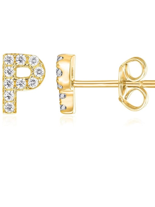 Single , Letter P Brass Cubic Zirconia White Minimalist Stud Single Earring with 26 letters