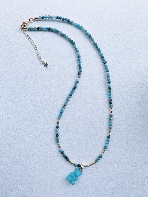 blue+Chian EAR-008 Natural Stone Chain Bear Pendant Cute Handmade Beaded Necklace
