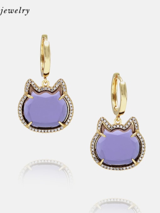 Golden purple Brass Glass Stone Cat Cute Huggie Earring