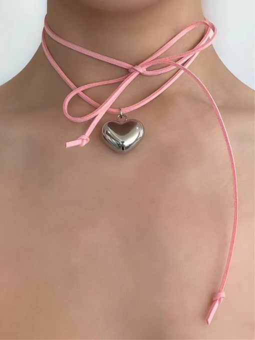 Pink thread Titanium Steel Heart Necklace