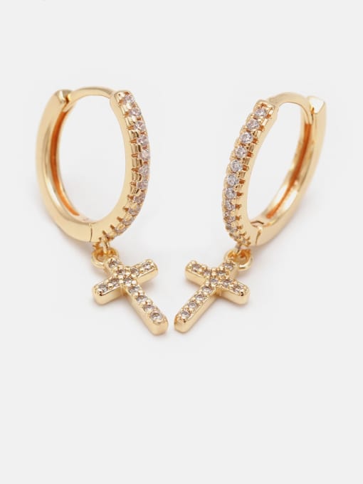 Gold white zirconium Brass Cubic Zirconia Cross Ethnic Huggie Earring