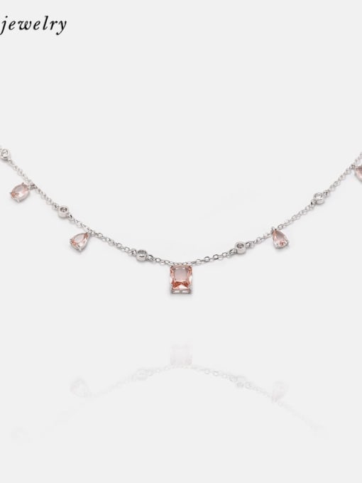 Platinum Pink Brass Glass Stone Geometric Minimalist Necklace