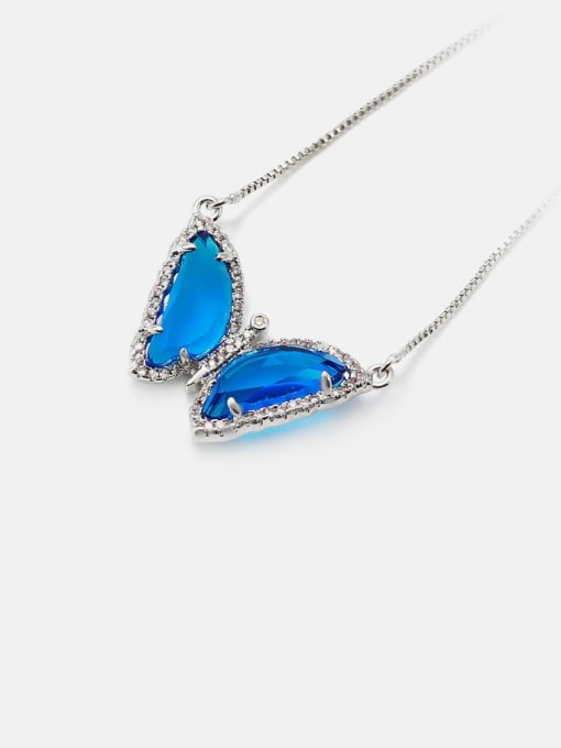 Platinum blue Brass Glass Stone Butterfly Minimalist Necklace