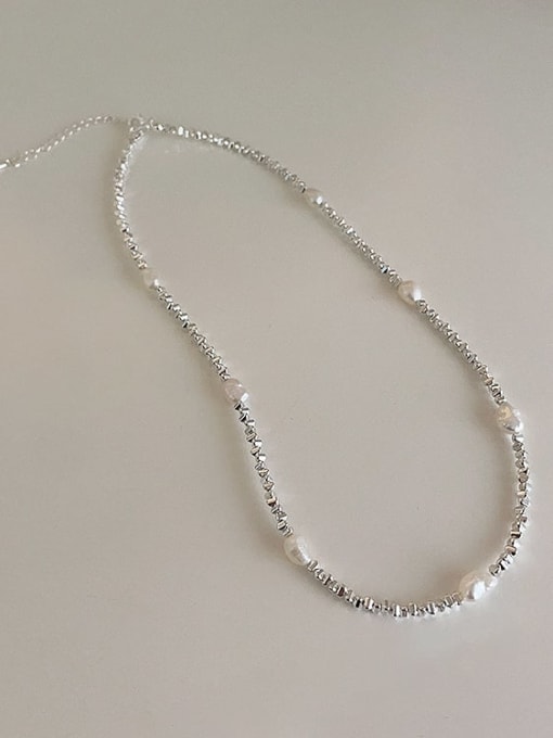 Pearl and crushed HematiteFreshwater Pearl Geometric Dainty Beaded Necklace
