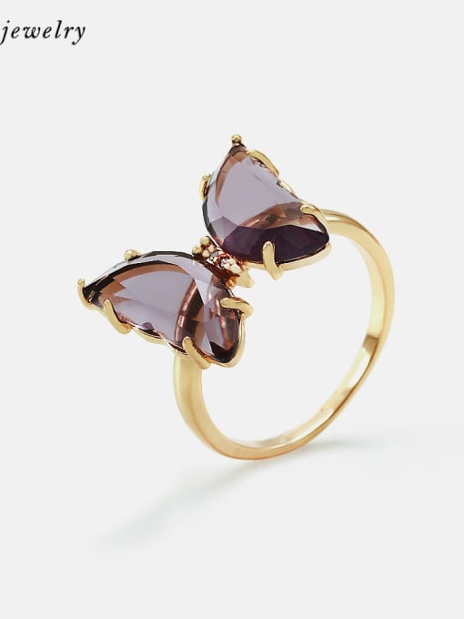 Golden dream purple Brass Glass Stone Butterfly Minimalist Band Ring