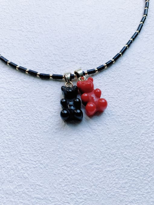 black  chain+two bear pendant N-BEAR-004 Natural Stone Chain Bear Pendant Cute Handmade Beaded Necklace