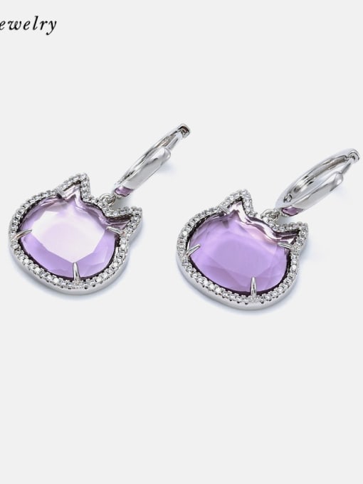 Platinum purple Brass Glass Stone Cat Cute Huggie Earring