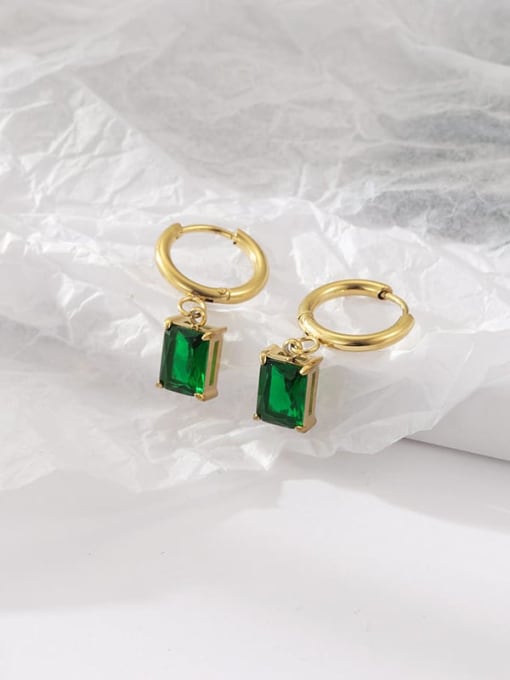 14K Gold ,Green Stone Titanium Steel Cubic Zirconia Rectangle Classic Hoop Earring