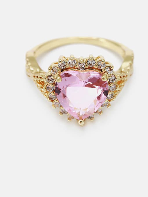 Gold  pink glass Brass Cubic Zirconia Heart Minimalist Band Ring