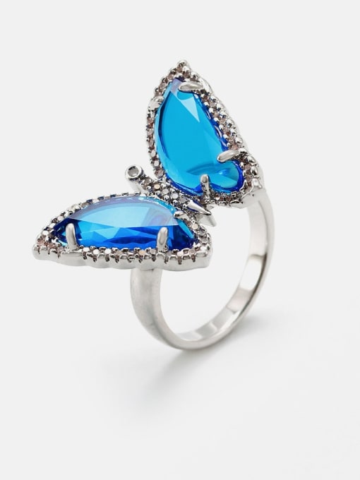 Platinum blue Brass Glass Stone Butterfly Minimalist Band Ring