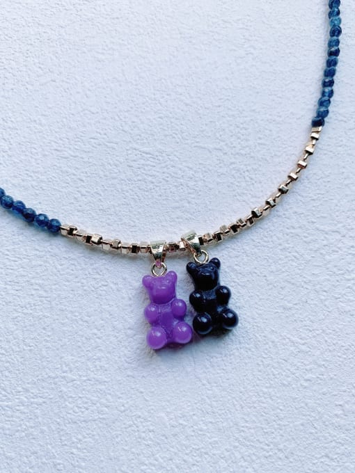 Black purple+chian EAR-007 Natural Stone Chain Bear Pendant Cute Handmade Beaded Necklace
