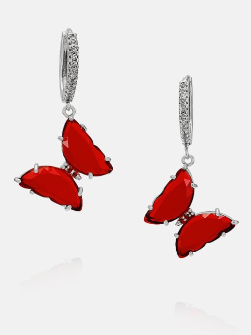 Platinum red Brass Glass Stone Butterfly Minimalist Huggie Earring