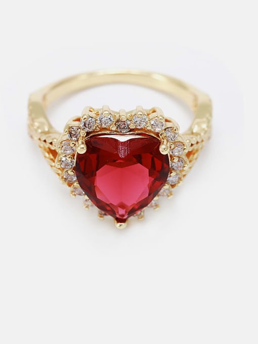Gold  red glass Brass Cubic Zirconia Heart Minimalist Band Ring