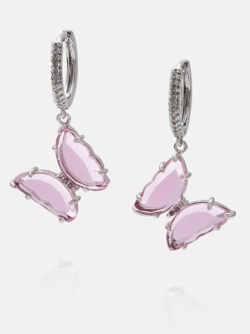 Platinum Pink Brass Glass Stone Butterfly Minimalist Huggie Earring