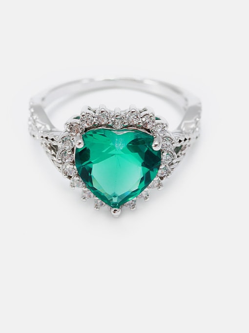 Platinum  green glass Brass Cubic Zirconia Heart Minimalist Band Ring
