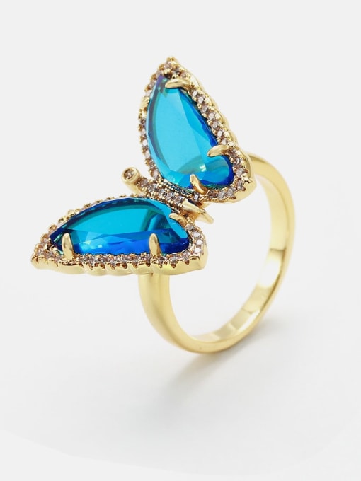 Golden Blue Brass Glass Stone Butterfly Minimalist Band Ring