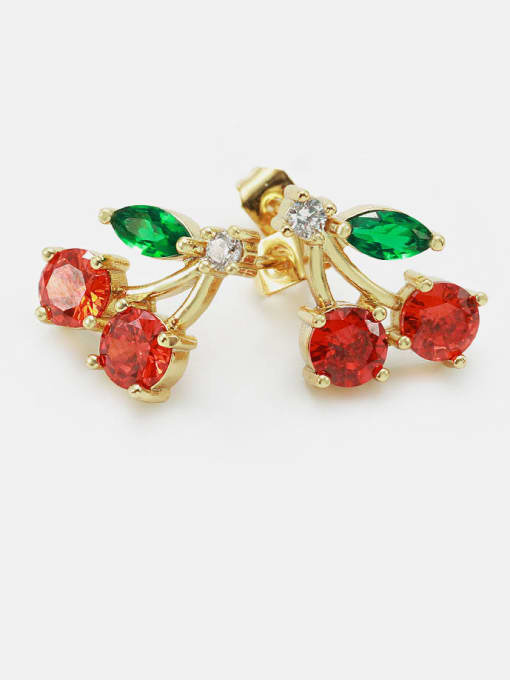 Gold red green white zircon Brass Cubic Zirconia Friut Cherry Cute Stud Earring