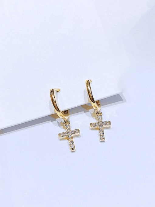 Ming Brass Cubic Zirconia Cross Minimalist Huggie Earring 2
