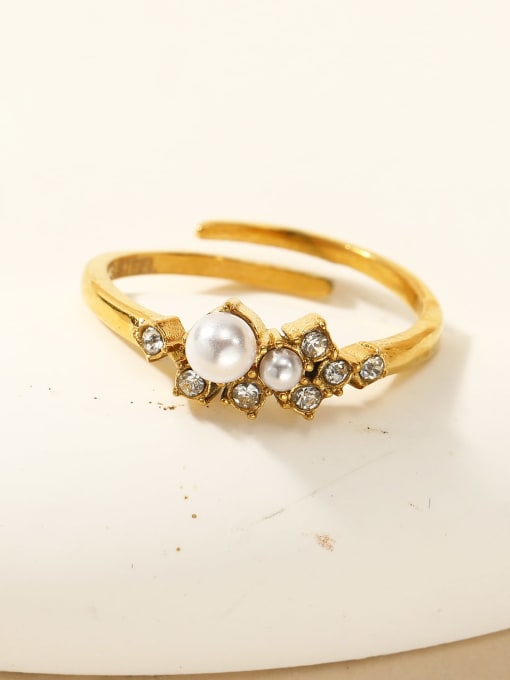 Gold Style 2 Titanium Steel two Imitation Pearls Open Ring Gold plating