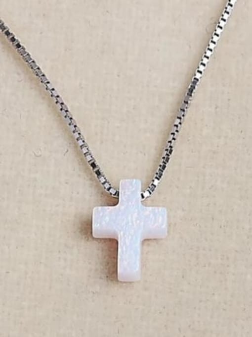 0.8mm Box chain, White Opal Stone 925 Sterling Silver Synthetic Opal Cross Initials Necklace
