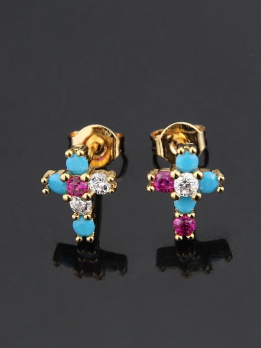 Gold plated color zirconium Brass Cubic Zirconia Cross Vintage Stud Earring