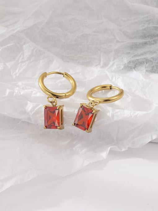 14K Gold, Red stone Titanium Steel Cubic Zirconia Rectangle Classic Hoop Earring