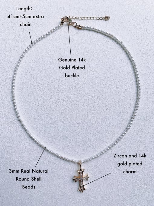 3mm shell pearl chain+cross N-DIY-009 Brass Imitation Pearl White Cross Bohemia  handmade Beaded Necklace