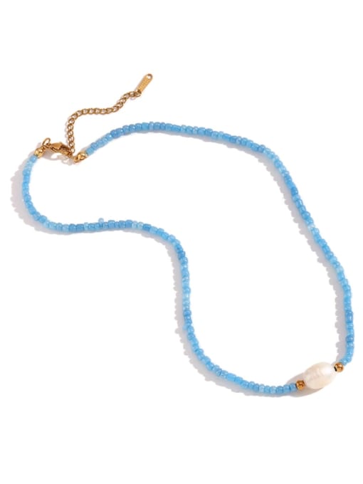 blue Stainless steel Miyuki Millet Bead and Pearl Necklace