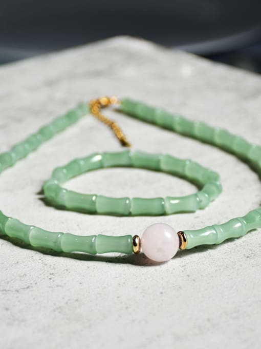 N2613 B1684 Vintage Geometric Alloy Freshwater Pearl Green Bracelet and Necklace Set