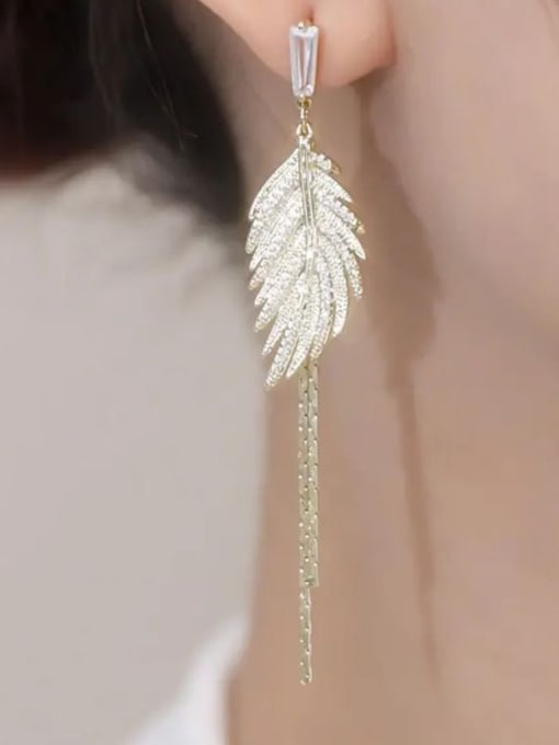 Golden Alloy Cubic Zirconia Threader Earring with  Leaves And Silver Needles