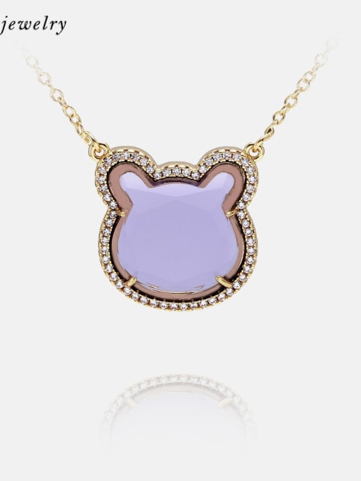 Golden purple Brass Glass Stone Cat Cute Necklace
