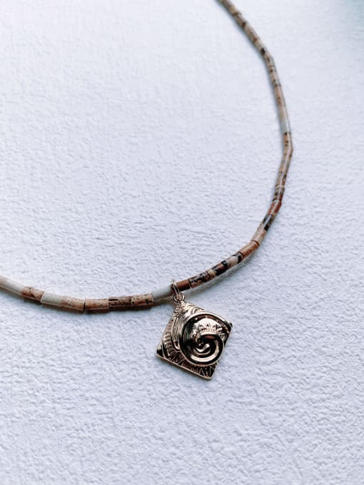 Scarlet White Brass Picture Jasper Chain Geometric Pendant Hip Hop Handmade Beaded Necklace